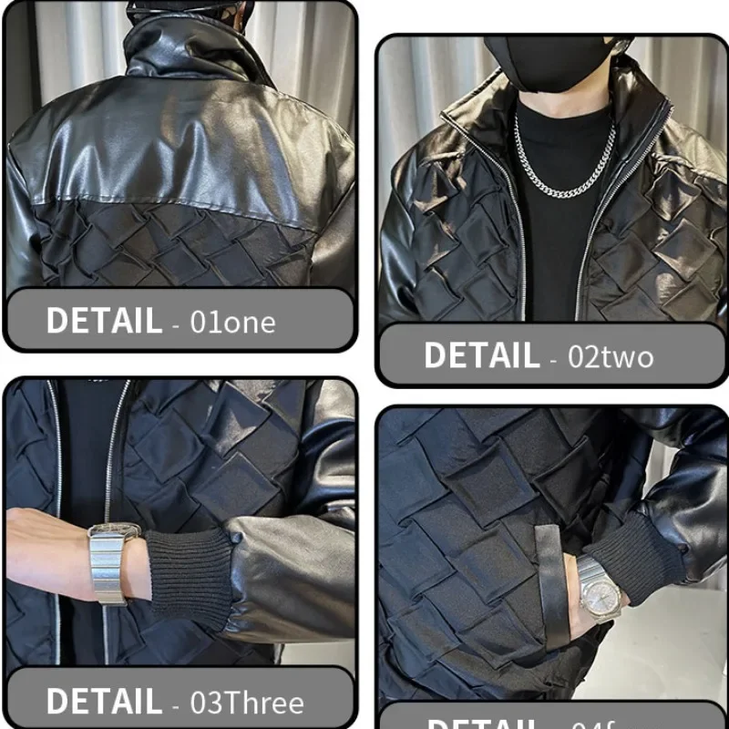 2023 Autumn Winter Thicken Warm Woven PU Patchwork Jacket for Men Fashion Casual Parkas Coats Social Bomber Jacket Men Clothing