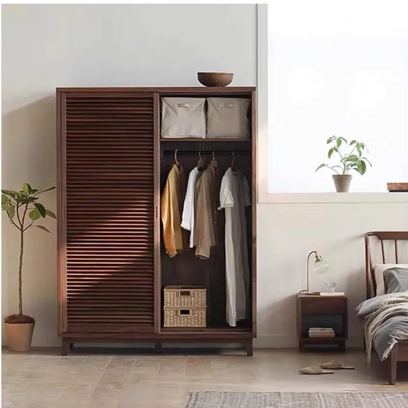 All solid wood black walnut wardrobe, modern simple cherry wood louver door Japanese grille sliding door
