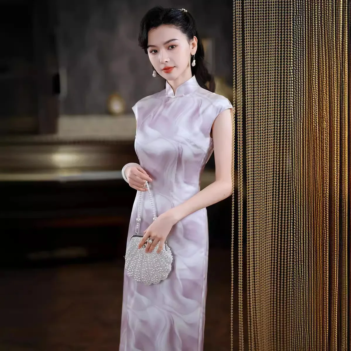 

High Quality Real Silk Qipao Cheongsam Top Skirt Artistic Waist-Tight Old Shanghai Slim Evening Wear Women