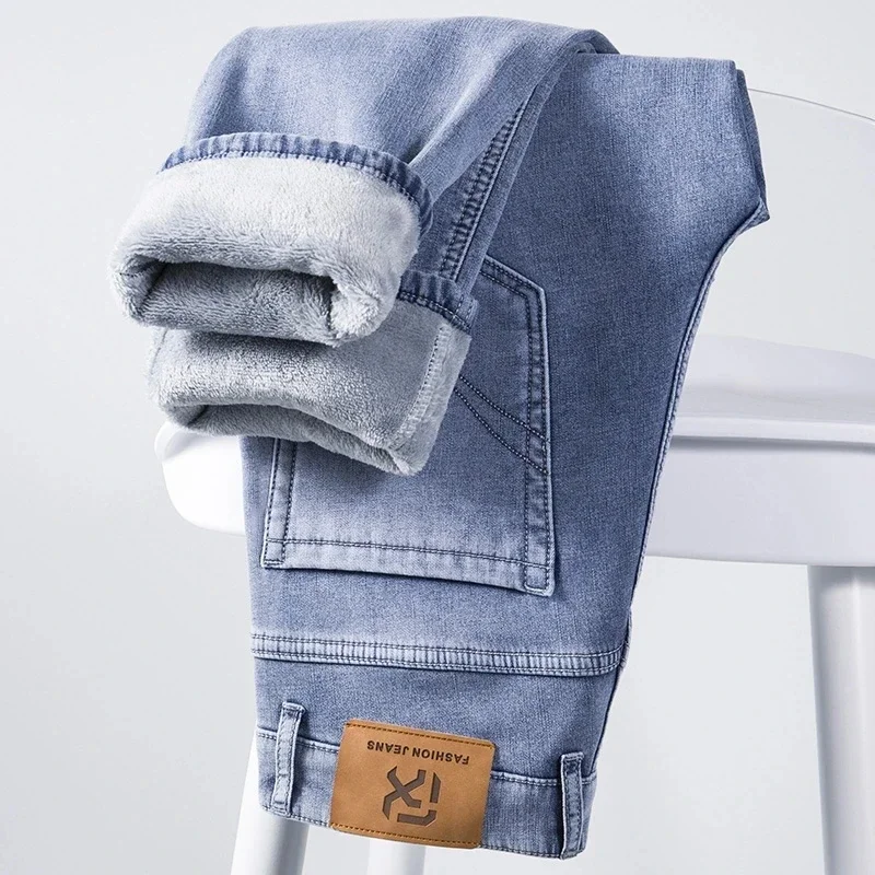 

Winter Fleecy Jeans Vintage Brand Thickened Warm Straight Flocked Trousers Youth Fashion Casual Stretch Velvet Denim Pants