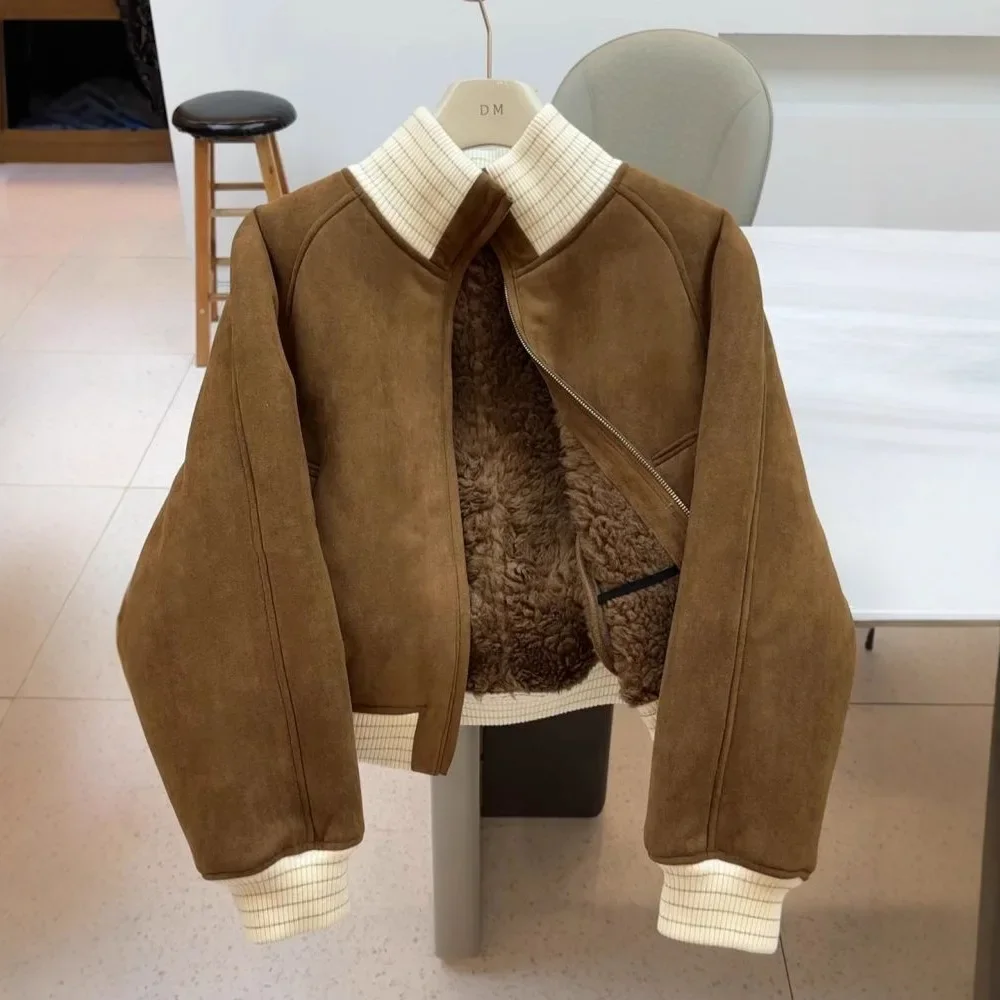 

Korean Winter Coat Women's Short Sherpa Jacket Plush Lined Oversized Cropped Fleece Outerwear