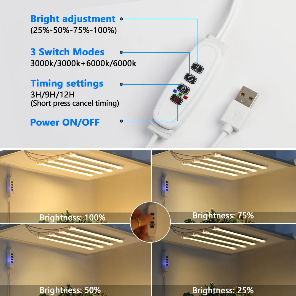 شرائط إضاءة LED للنباتات الداخلية ، مصباح نباتي USB كامل الطيف ، مؤقت عاكس الضوء ، مصباح الزراعة المائية ، زهرة الدفيئة ، V ، 2 ، 3 ، 4