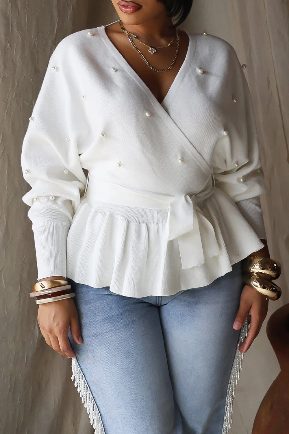 Plus Size Daily White Wrap Neck Long Sleeve Pearls Rib Knit Blouses