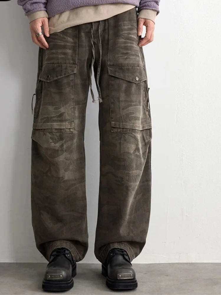 Leg Men's Wide Cargo Pants Casual Camouflage Utility Pocket Drawstring Waist Baggy Jeans High Street Denim Trousers SRJ0