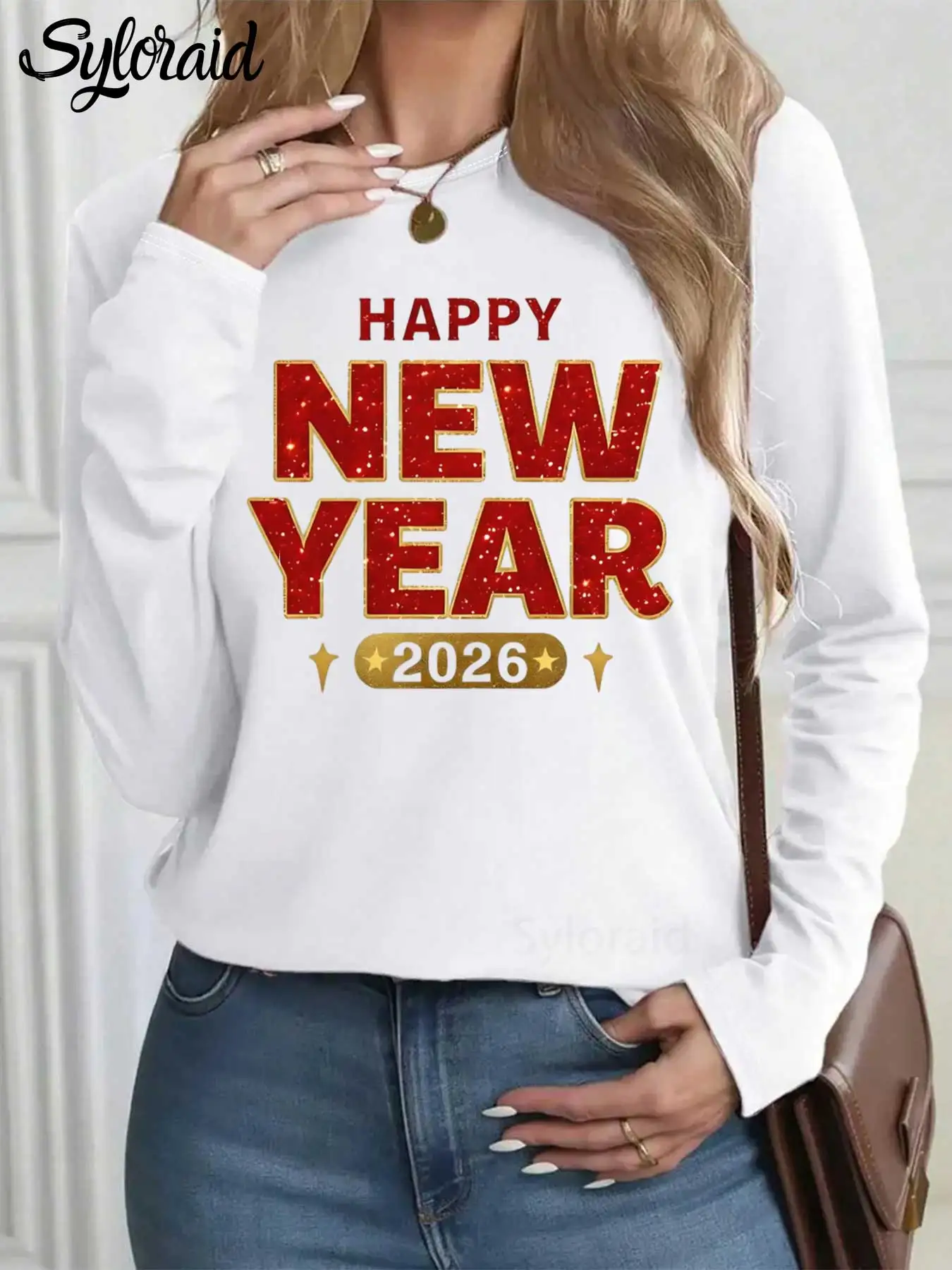 여성용 긴 소매 티셔츠 레드 새해 복 많이 받으세요 2026 프린트 티셔츠 패션 라운드 넥 캐주얼 탑