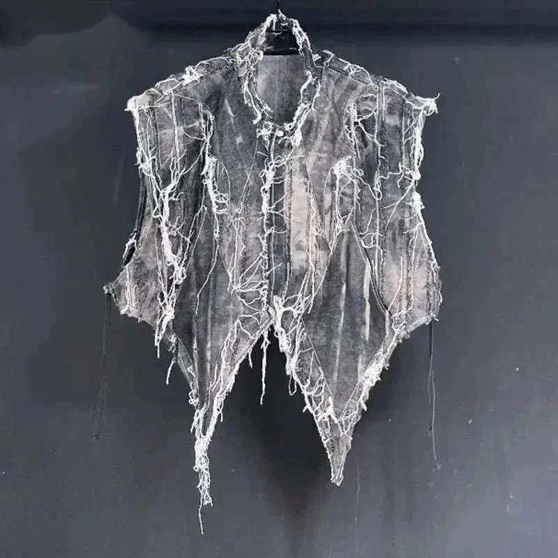 Men's Dyed Denim Vest  Irregular Niche Cool Versatile Creativity Vintage High Street Original Waistcoat Autumn BHGT67