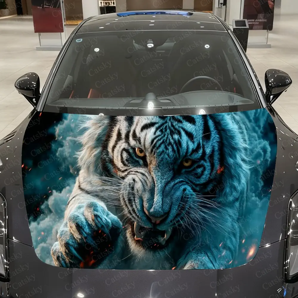 

Pale-Striped White Tiger Car Vinyl Wrap, PVC Material Waterproof Car Hood Sticker, Self-Adhesive Scratch-Resistant Stickers for