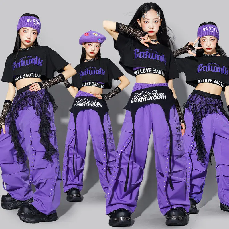 

Костюм для джазовых танцев 2026: Детская одежда для выступлений K-pop, розово-черный комплект для выступлений, модная уличная одежда, брюки в стиле хип-хоп 3463