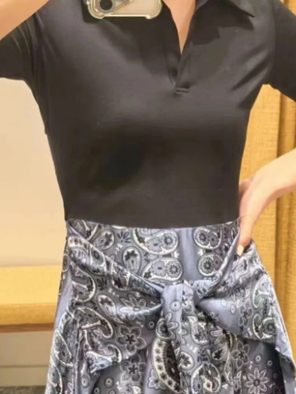 T-shirt col Ele tissu pailleté asymétrique Dr printemps été minceur efficace deux pièces Look ort Sve...