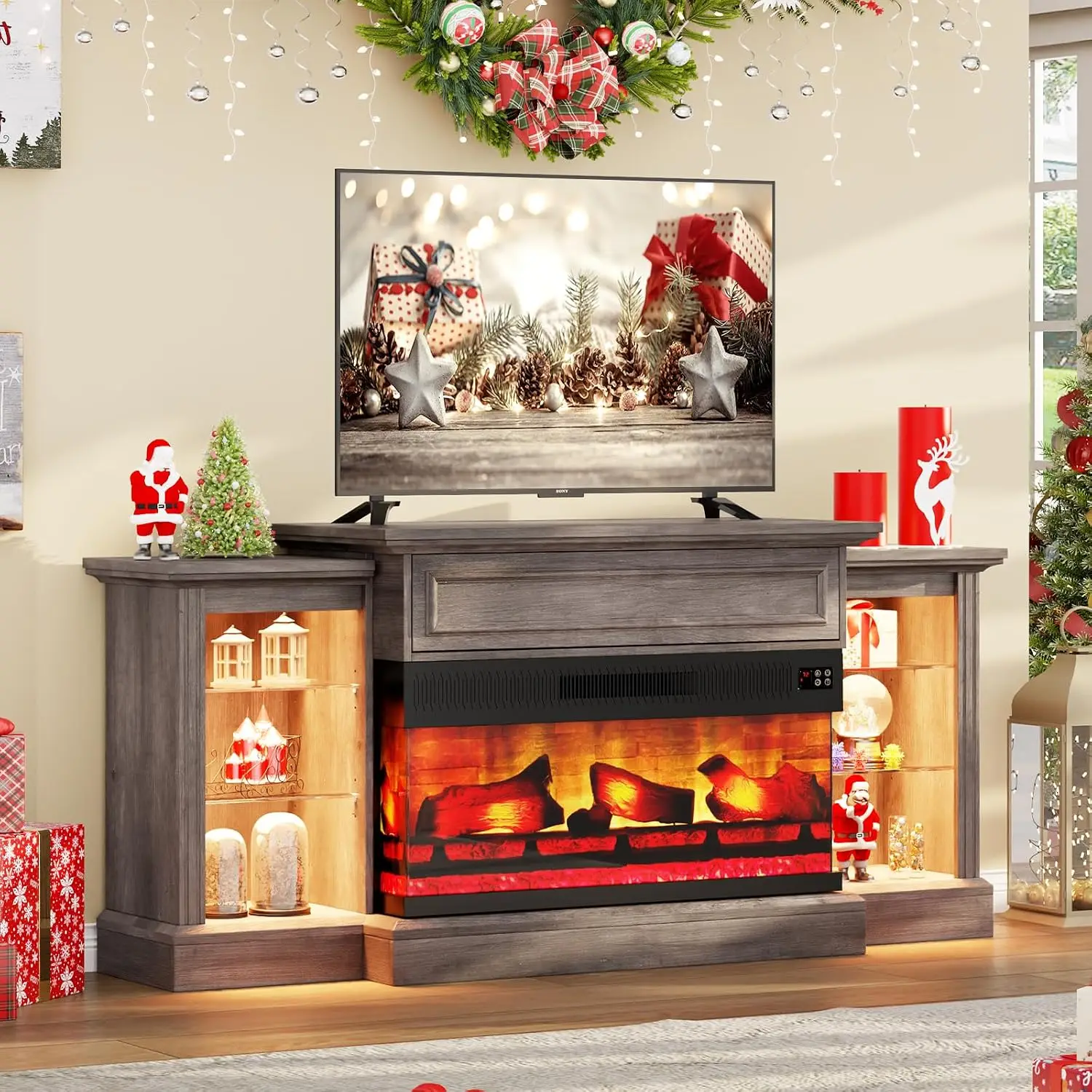 Farmhouse Fireplace TV Stand with Electric Fireplace Cabinet Mantel for 65