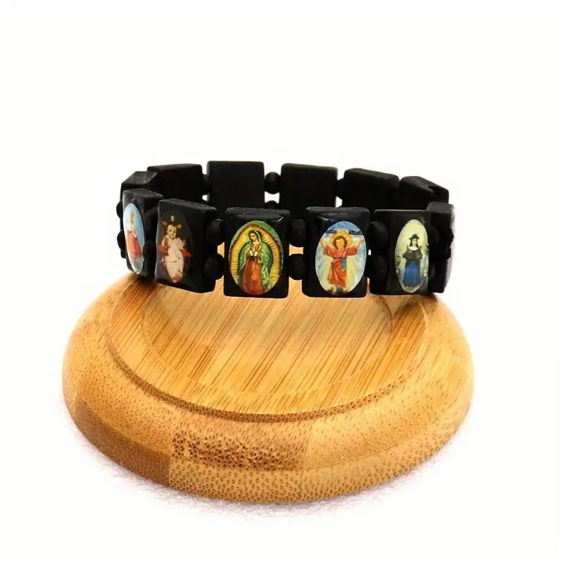 Wooden Rosary Bracelet - Elegant Religious Icon Stickers, Drip Oil Finish, Spiritual Beaded Prayer Jewelry For Devotional Wear