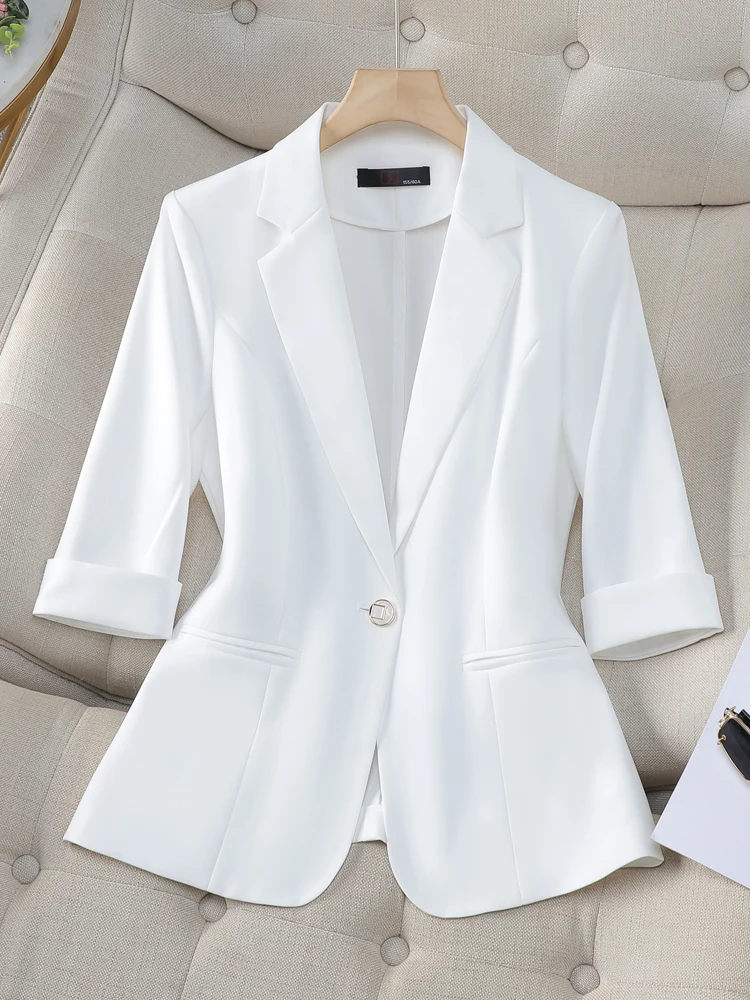 

White Slim Fit Short Sleeve Suit Jacket for Women Spring Summer Thin New Style Small Size Elegant Versatile Seven Sleeve Suit