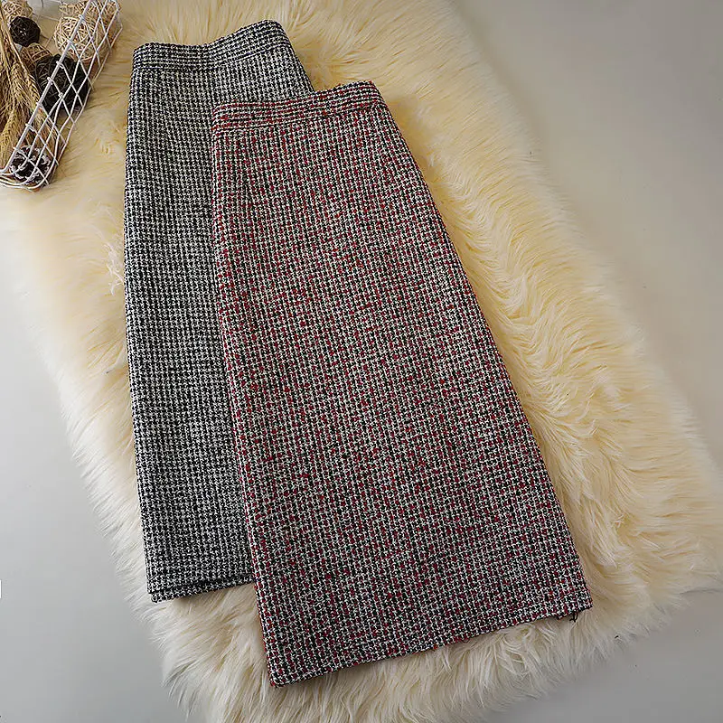 

2024 Women Autumn Winter Fashion Long Slim Package Hip Skirt Female Split Tweed Skirts Ladies High Waist Plaid Skirts B402