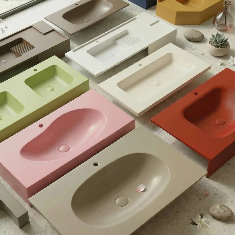 Bacia integrada de Corian DuPont importada para armário de banheiro doméstico, com acabamento fosco e toque suave, tipo laje de rocha sem emendas.