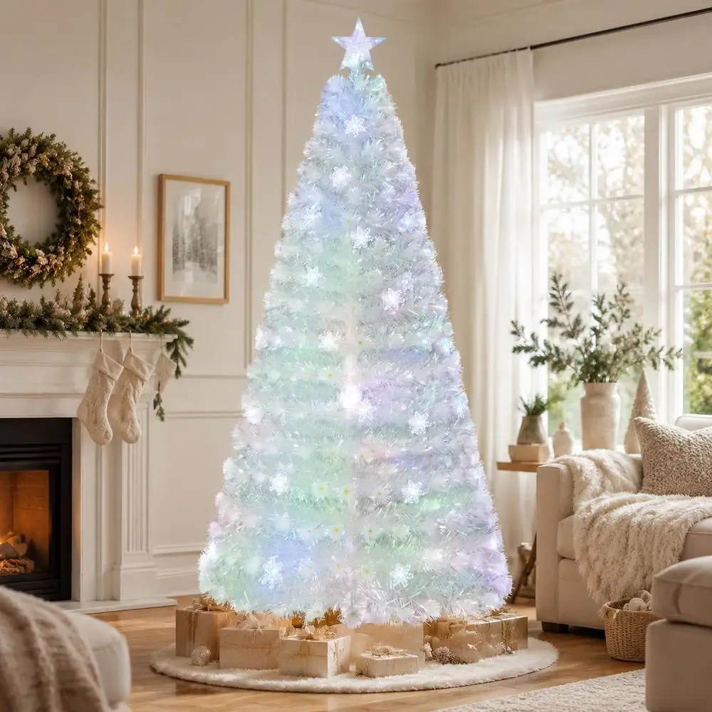 Sapin de Noël artificiel en fibre optique blanche de 210 cm avec étoile sur le sommet, sapin de Noël festif de forme pleine pour la décoration intérieure et les fêtes de fin d'année.
