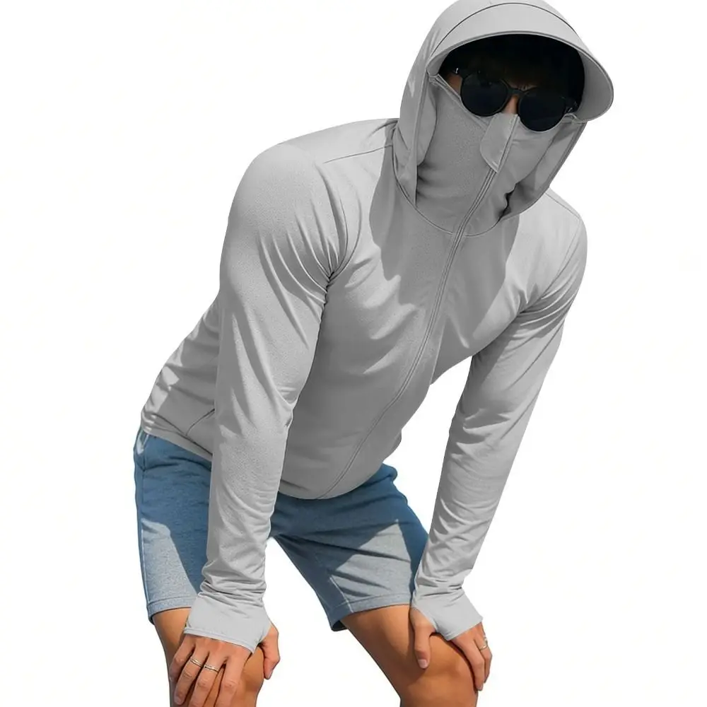 New Ice Silk Mens Sun Protection Hoodie Full-Zip Up Long Sleeve UV Shirts with Face Mask Quick Dry Fishing Shirt Men