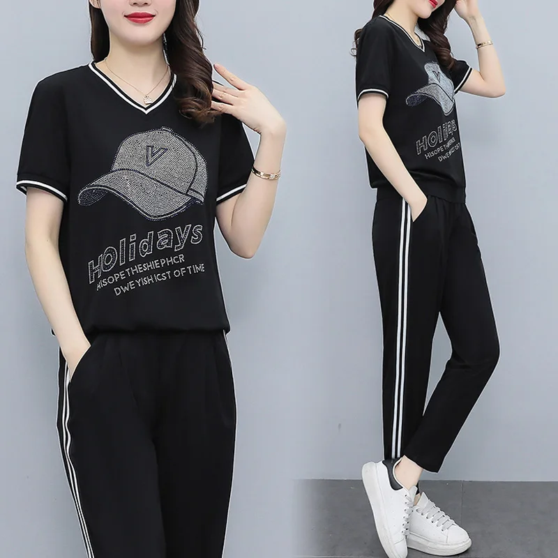 Women Summer Sport Two Piece Set Short Sleeve V Neck Tops And Pants Casual Cotton Plus Size Black Holiday Suit Slim Tracksuit