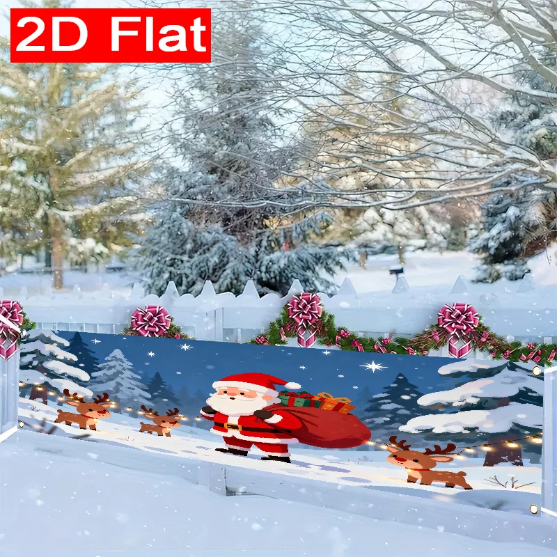 1pc Two‑Dimensional Flat Banner Featuring Santa Claus And Reindeer, Patterned Polyester, Outdoor Decor for Fences, Lawns
