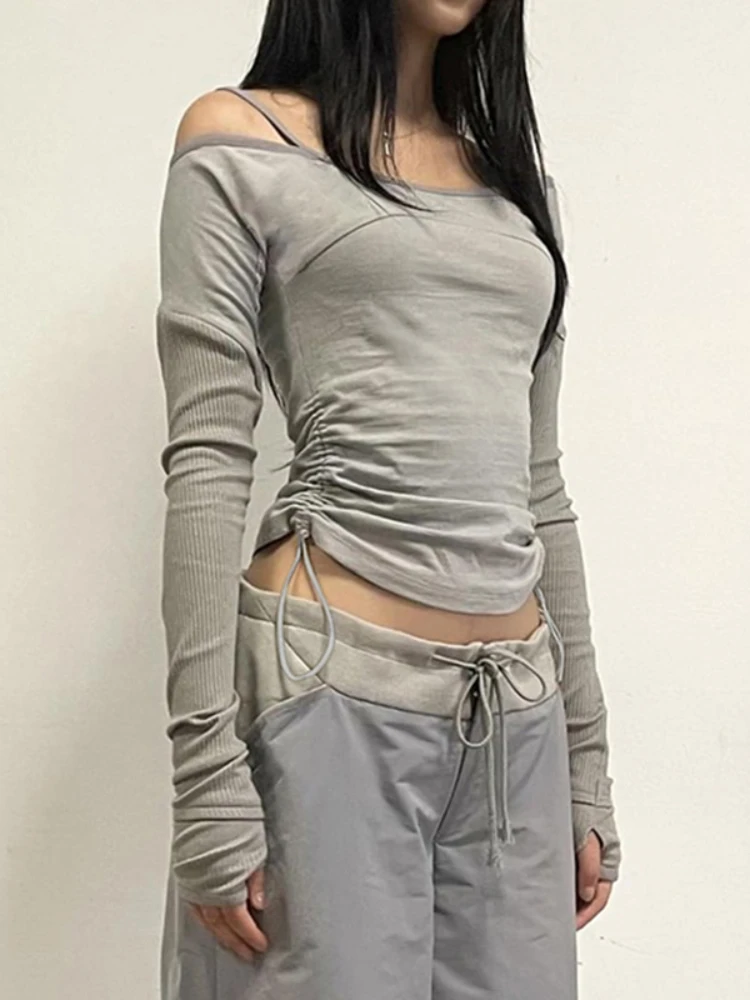 QWEEK Bandage Crop Top Y2k Korean Harajuku Off Shoulder Drawstring Vintage American Retro Cropped T-shirt Women 2024 Spring