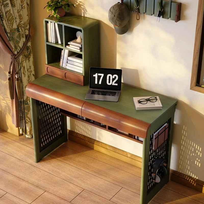 

French Retro All-in-One Desk: Solid Wood Computer Table with Bookshelf, Pegboard & Drawers for Organized Small Space Study