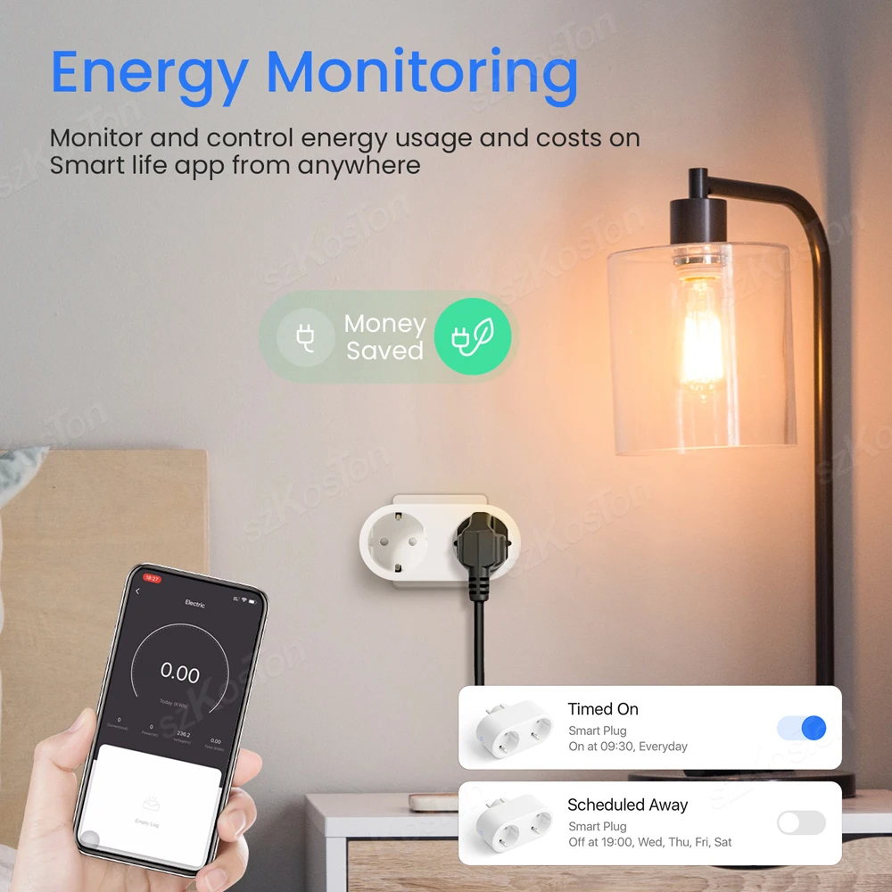 Tuya WiFi Smart Plug 16A EU Smart Socket With Power Monitor Timing Home Appliance Voice Dual Control Works With Alexa Google