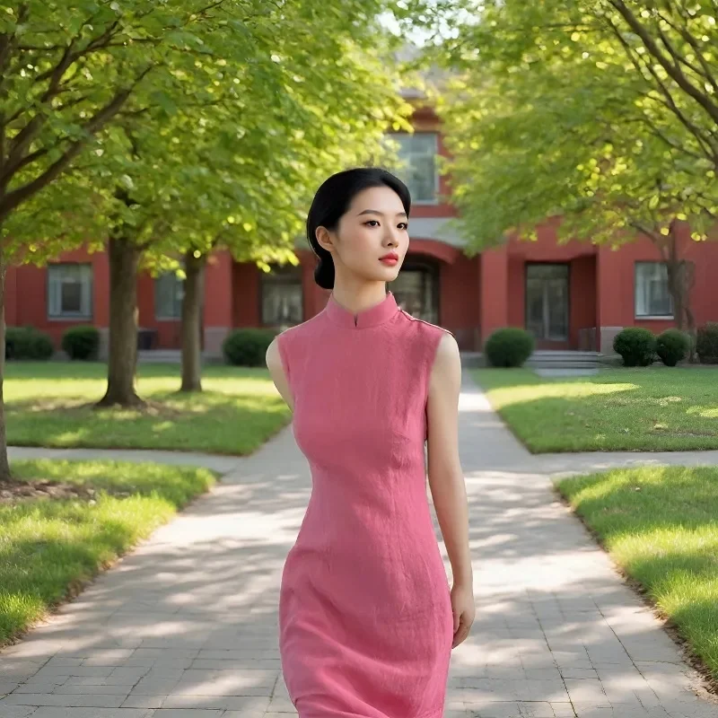 New Chinese Style Dress For Summer Slim Fit Slimming Style Stand Up Collar Simple Sleeveless Chinese Style Improved Cheongsam