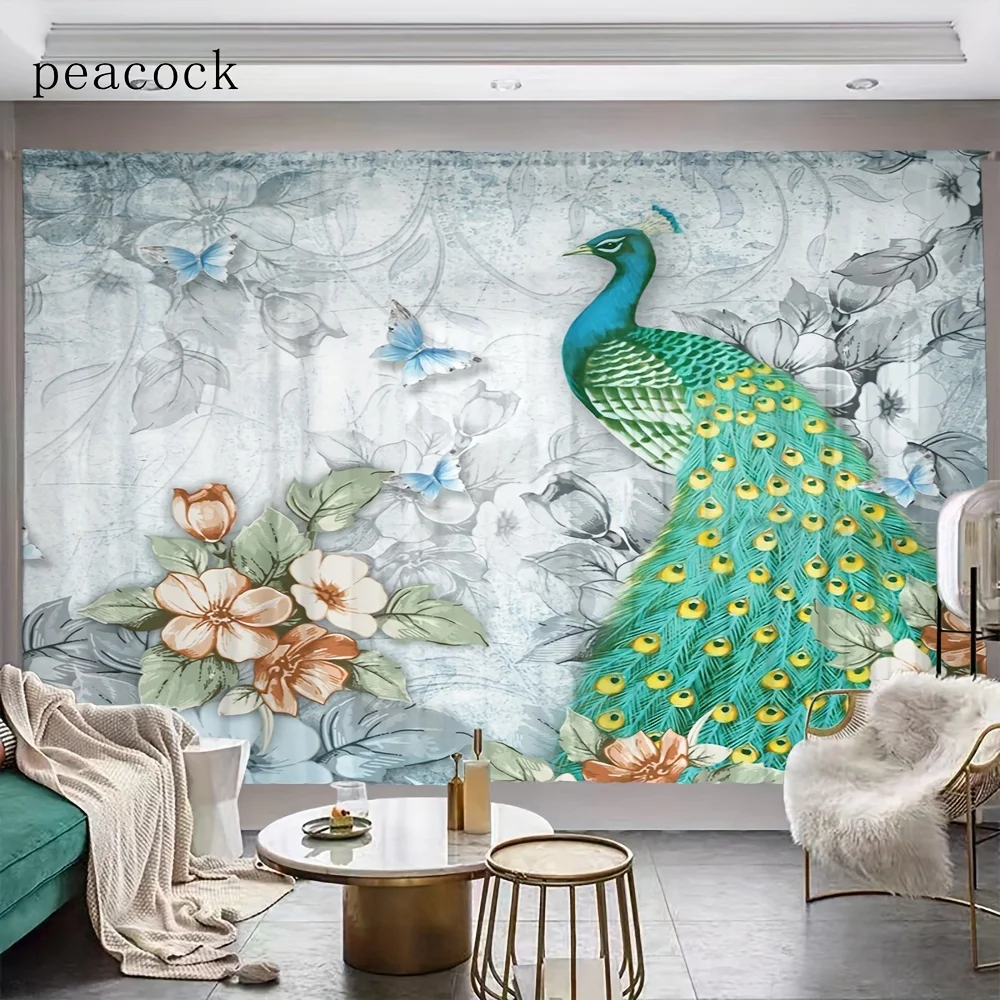 2pcs Peacock Style Printed Curtain For Home Decor Rod Pocket Window Treatment For Bedroom, Office, Kitchen, Living Room,