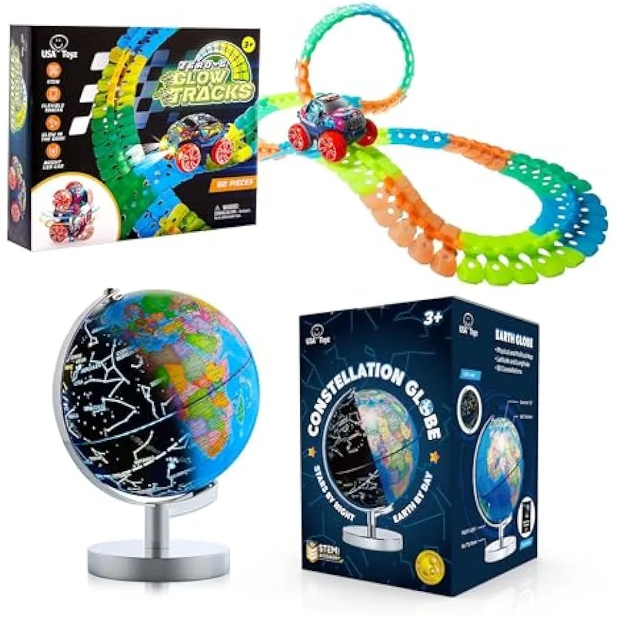 USA Toyz Illuminated Globe AND Zero-G Glow Race Track for - 60pc- 1 Illuminated Globe with Stand 3-in-1 STEM Globe and (1)Zero-