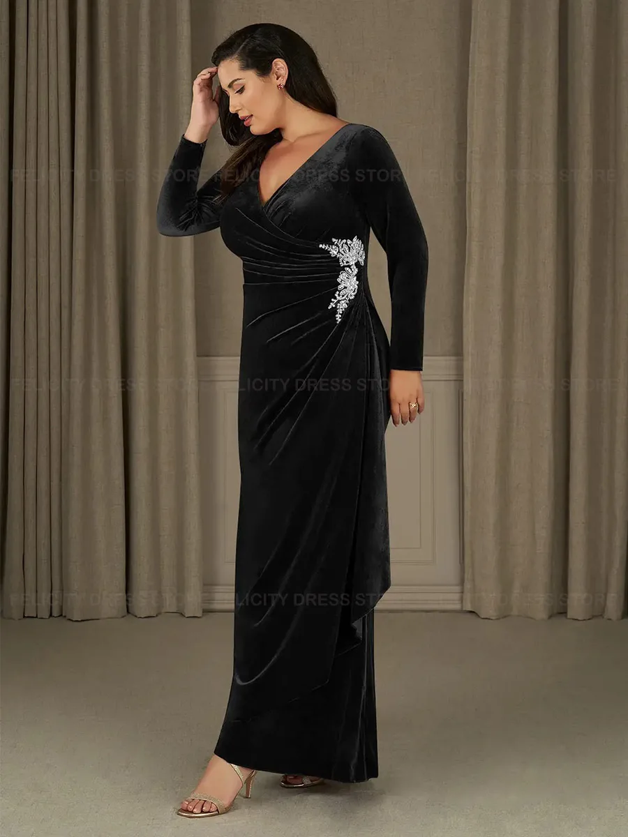 Elegant Plus Size Mother of the Bride Dresses 2023 Mermaid Velvet Floor-Length Applique Wedding Guest Dresses Vestidos de Gala