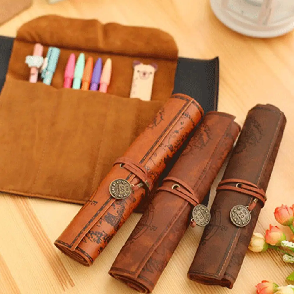 New Treasure Map Pen Bag Retro Canvas Leather Large Capacity Waterproof Pencil Bag Student Stationery Box Roll Pen Bag