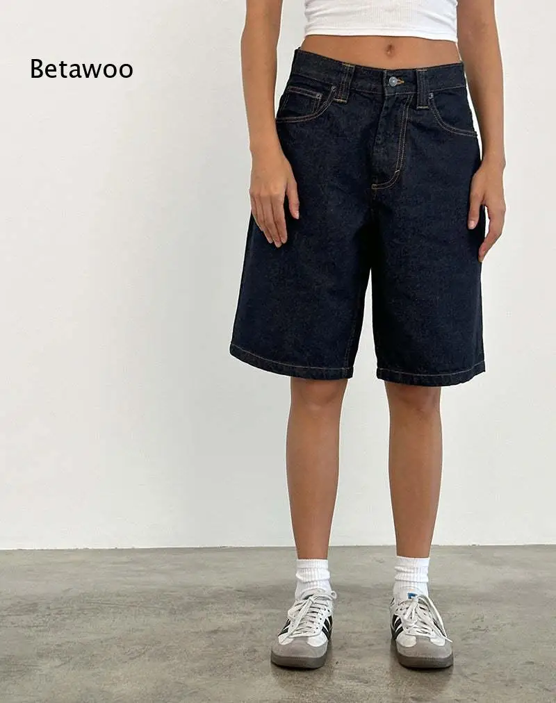 Gradient Black Washed Loose Straight Denim Bermuda Shorts Mid Rise Knee Length Women Casual Jeans view 6