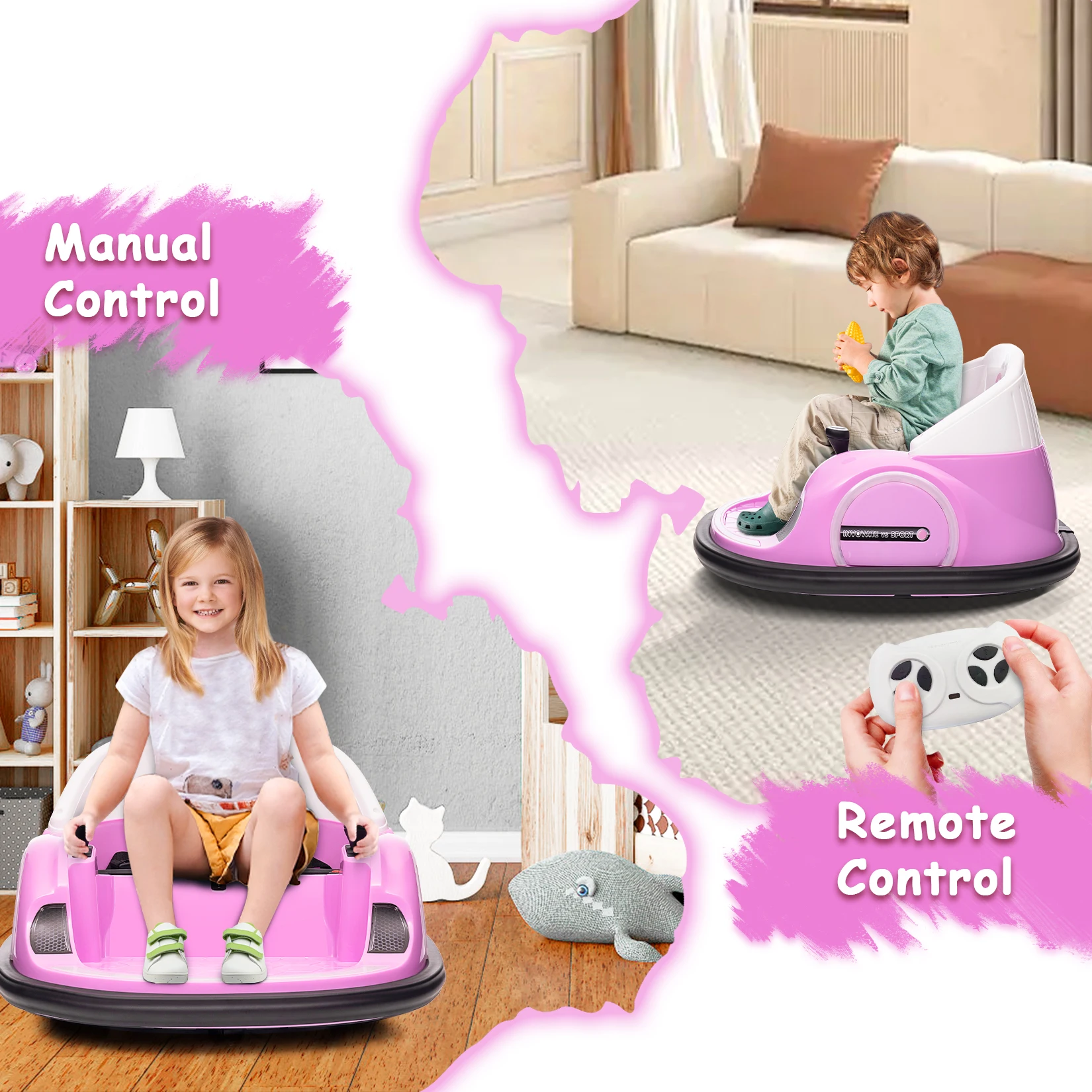 รถยนต์ไฟฟ้าสำหรับเด็กเล็ก 12 โวลต์ แบบมีกันชน หมุนได้ 360 องศา ใช้พลังงานแบตเตอรี่ พร้อมรีโมทสำหรับผู้ปกครอง มีเพลงและไฟ LED