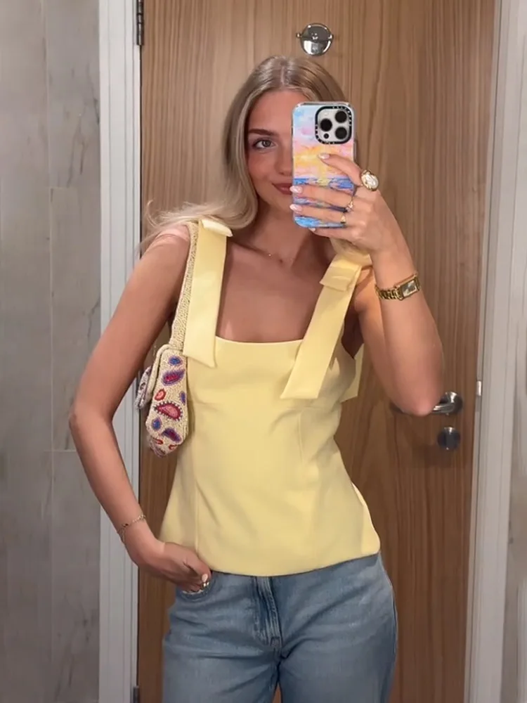 여성 여름 리본 스퀘어 넥 슬링 탑 여성용 신상 패션 섹시 민소매 하이 스트리트 사이드 지퍼 슬림 솔리드 탑