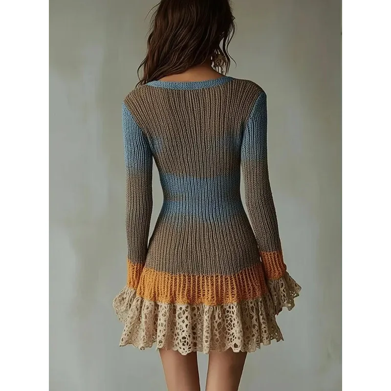 Vestido de punto tipo suéter para mujer, manga acampanada, adorno de encaje, calado, Sexy, cuello en V, invierno, otoño, elegante, Retro, informal, Mini vestido