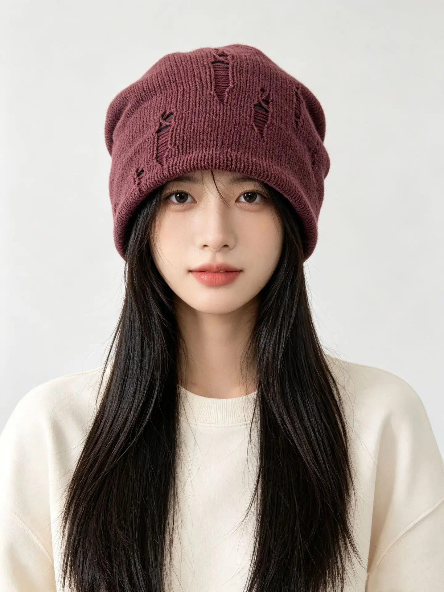 Women's Knit Hats Autumn Winter Versatile Face-Flattering Ripped Knit Beanies Warm Beanie with Puffed Top