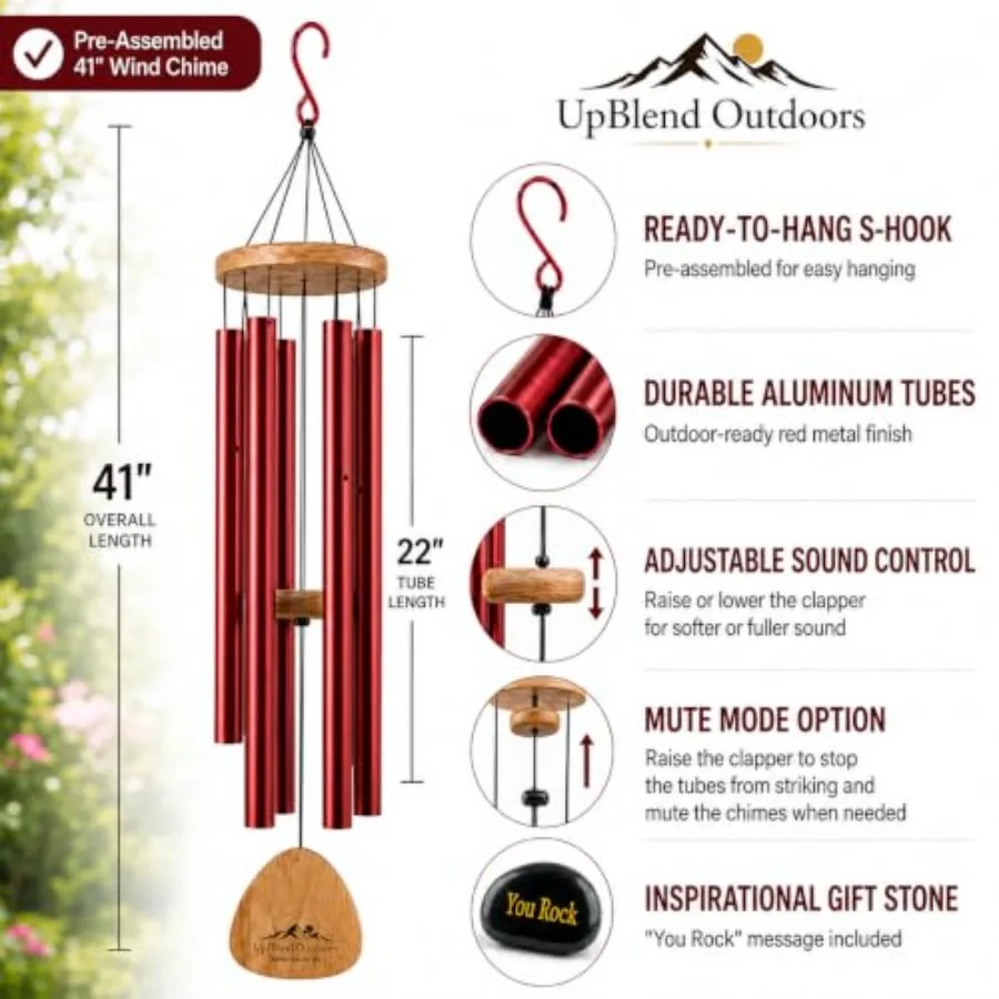 Wind Chimes for Outside Deep Tone, 41 Inch Hand Tuned B Major Pentatonic Alto Wind Chime with Decorative Kindness Stone, Outdoo