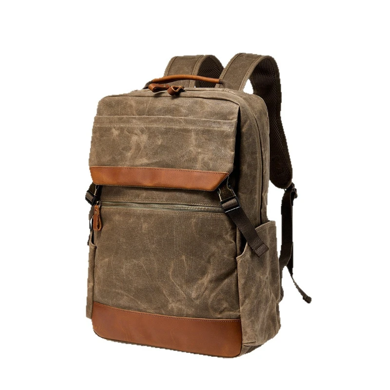 Vintage Genuine Leather Casual Commuter Backpack, Men's Large Capacity Oil Wax Canvas Daypack, Student School Laptop Backpack
