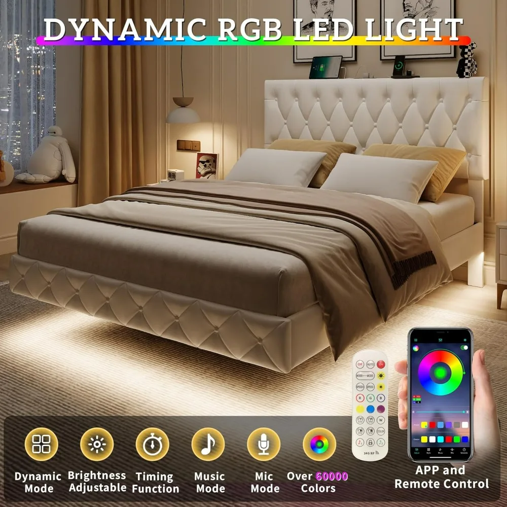 Felhajt -ig tárolására Ágy Képkeret, vel Alkalmazkodó m headboard/led lights/charging station/outlet, Bársoly upholstered Rojtos Ambo Ágy