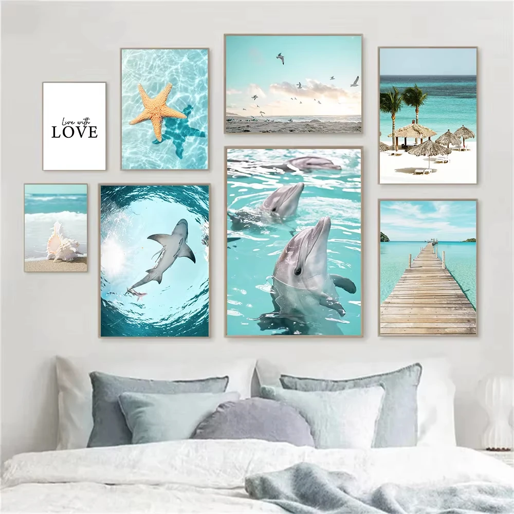 Sea Shark Dolphin Poster Starfish Canvas Art Painting Beach Mural Bridge Prints Nordic Living Room Home Decoration Pictures