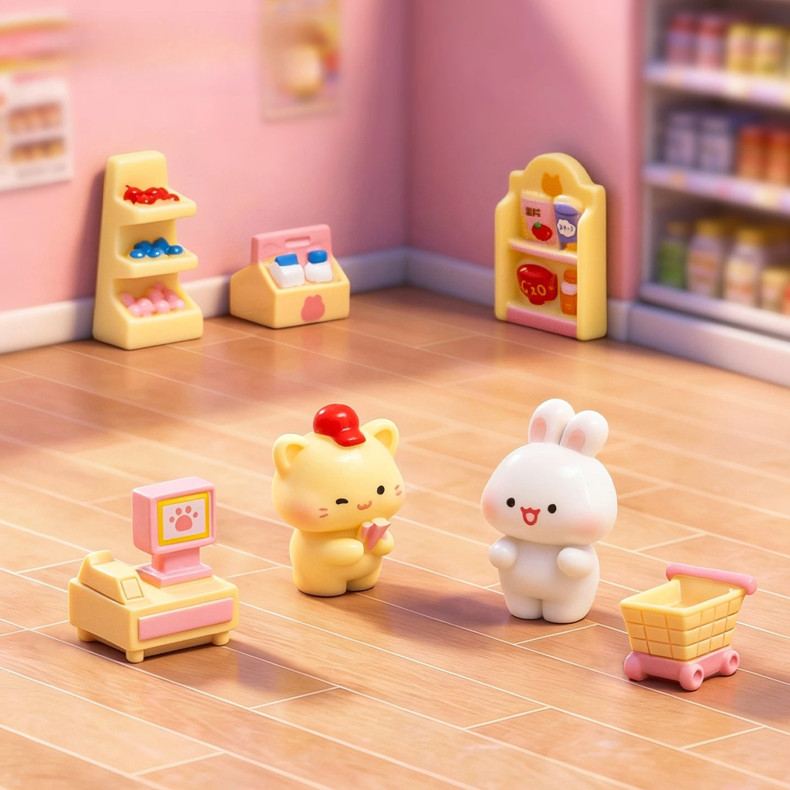 100pcs Kawaii Cartoon Rabbit Cashier Kitten Shelf Supermarket Series Resin Charms DIY Dollhouse Decor Mini Desktop Ornament