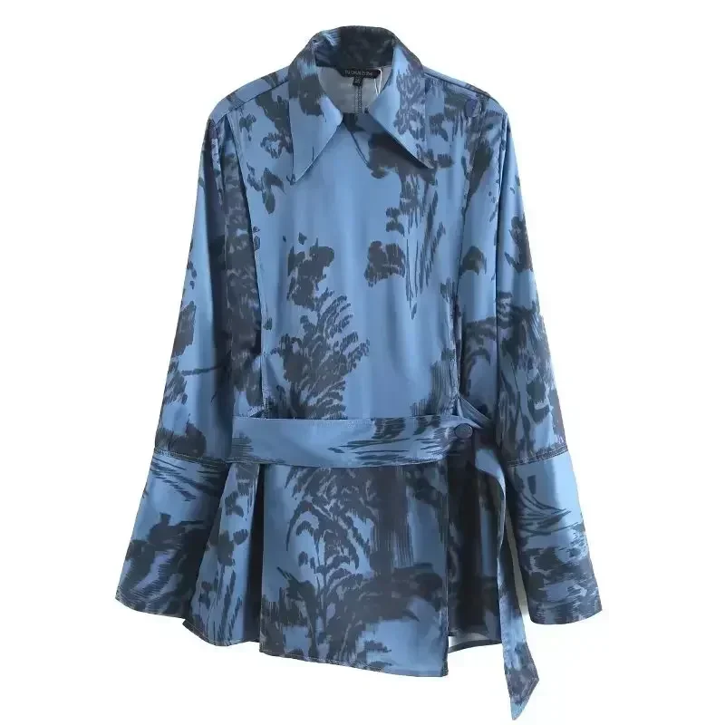 Women's 2023 Fashion Exquisite Slim Fit Print Pattern Wrapped With Belt Blouses Retro Long Sleeve Button Blouses Chic Tops.