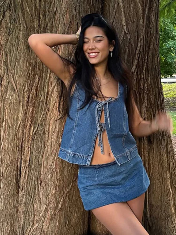 

Women Sexy Denim Mini Skirt Suit Sleeveless Lace-up Low-cut Cardigans Super Short Set Feminine Fashion Summer Beach Style Wear