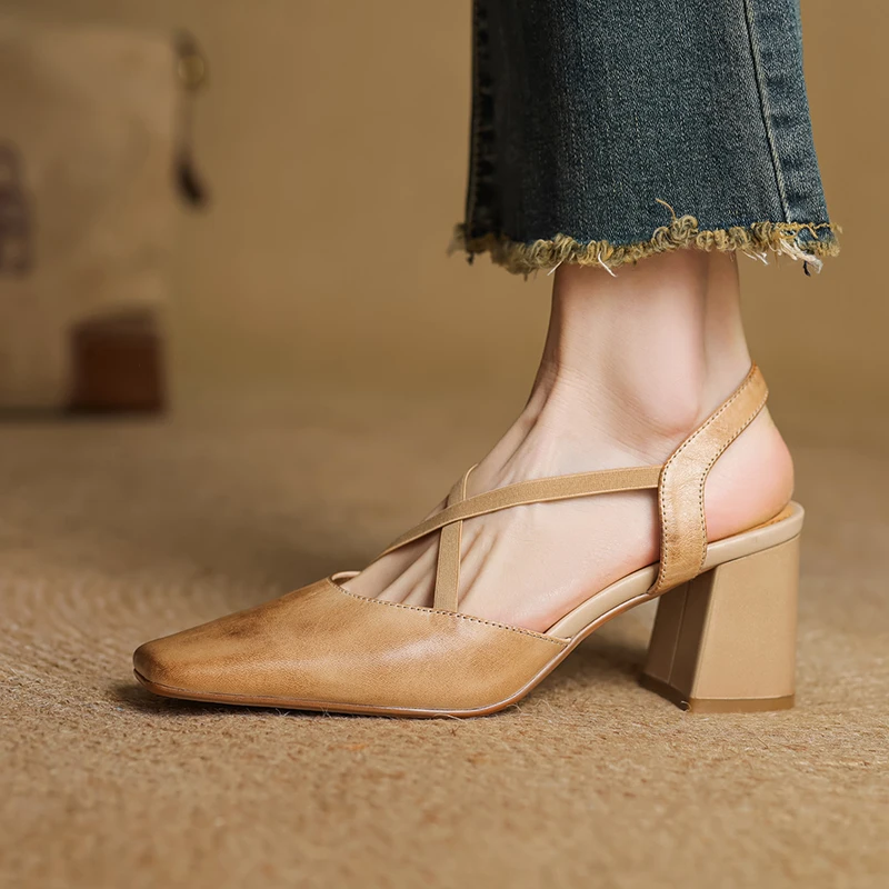 2026 New Size 34-40 Women Vintage Sandals Real Leather Retro Square Tor High Heels Summer Shoes Slingback T-Strap Office Daily