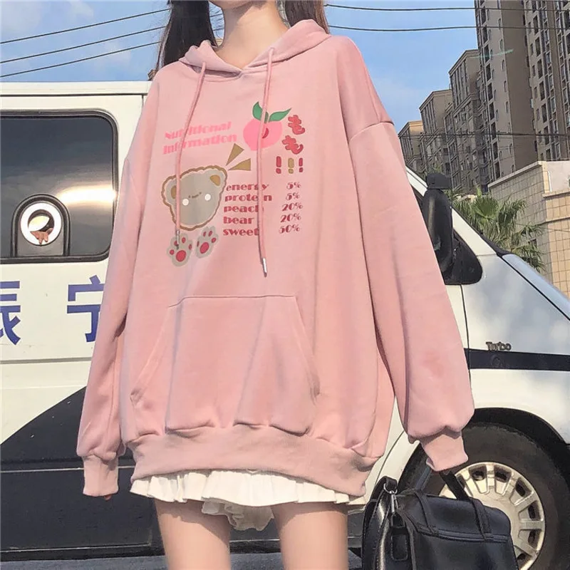 Lolita Mori Girl Harajuku Kawaii Hoodie With Long Rabbit Ear Cap Women Cute Bear Print Thin Sweatshirt Street Fashion Pullovers