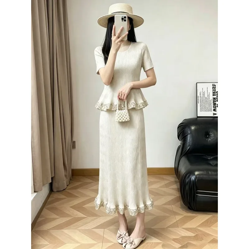 

Miyake Pleated Skirt Set Plisse Unique Design 2026 Summer New Fresh Versatile Pleats Top+Skirt French Pleats Casual Set Women