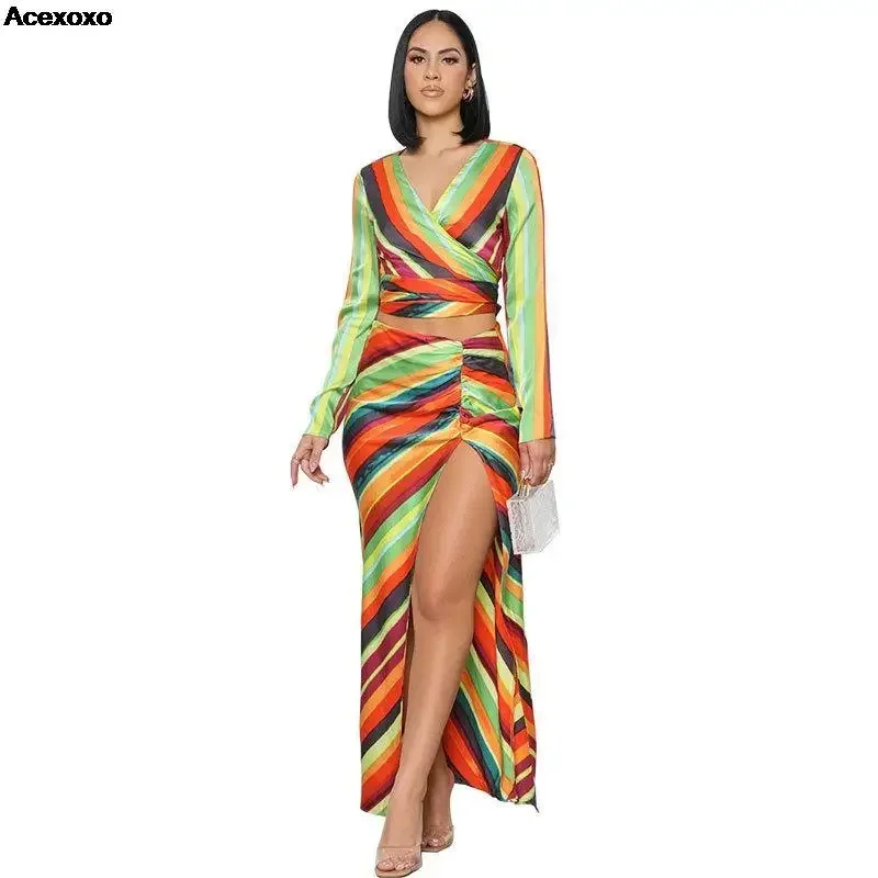 

Summer new women's fashion casual color striped long sleeve deep V waist slit skirt two-piece set