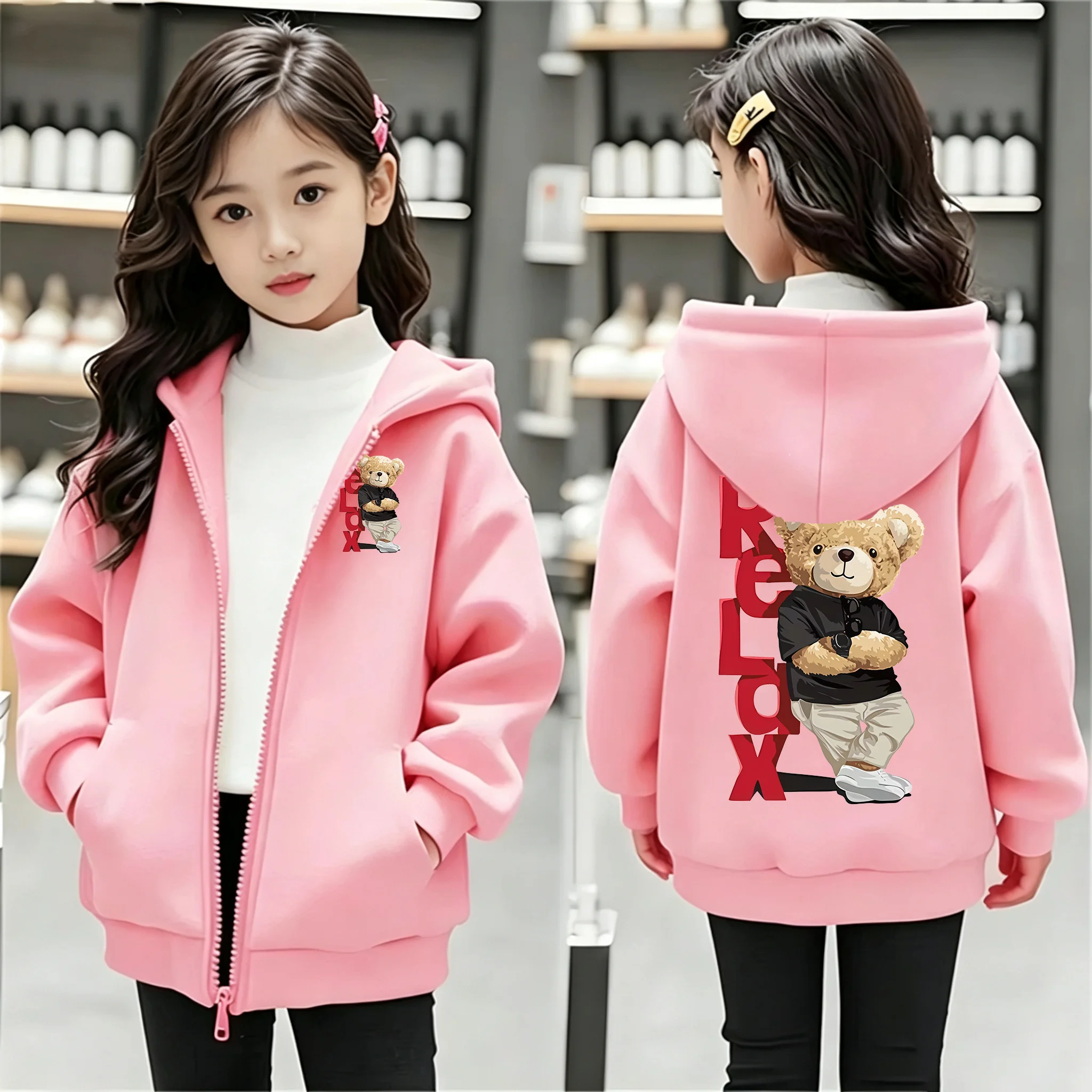 Girls Zip‑Up Hooded Jacket Kids Cool Bear Relax Letter Double‑Side Print Casual Zipper Hoodie Coat Children Outerwear