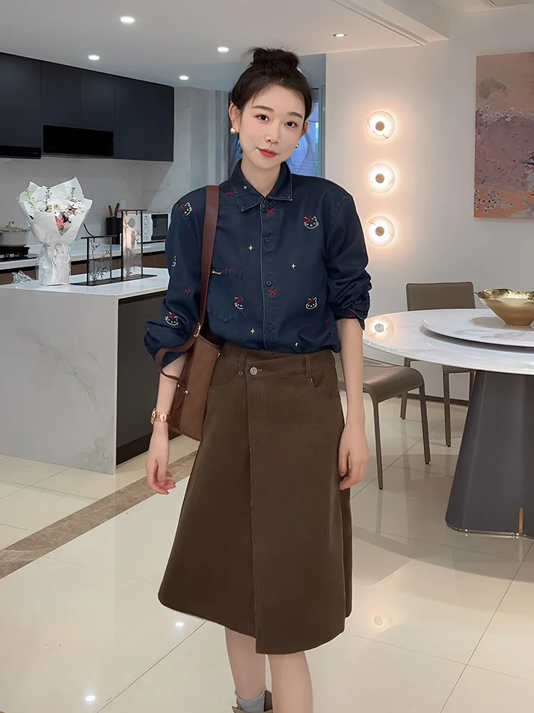 

OUDOEE Collar irt Women's Korean Sle Floral Embroidery Top Cardigan Coat Loose Fit Cotton Polyester Blend