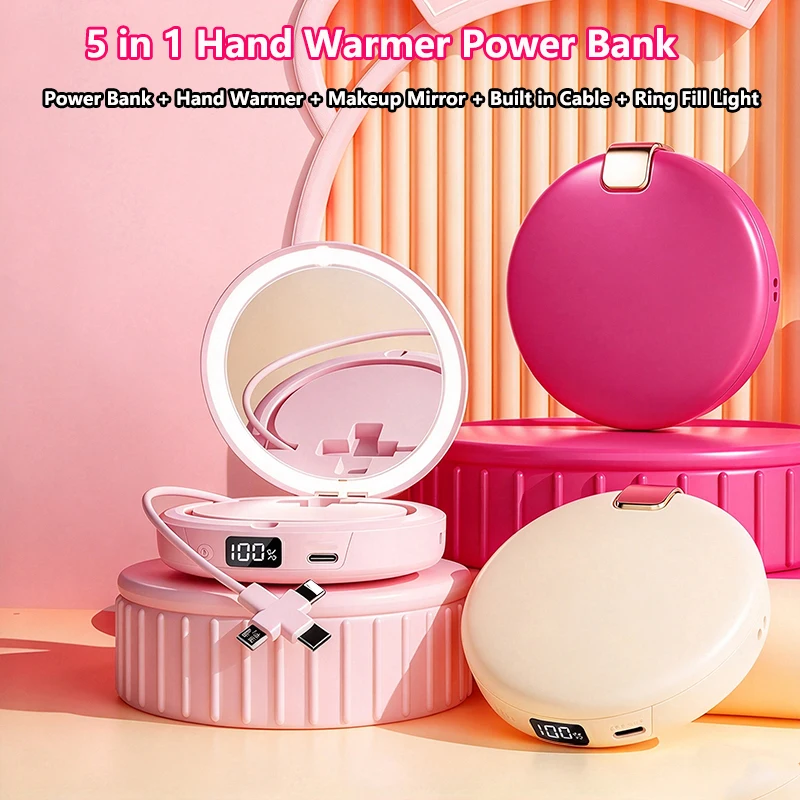 5 in 1 Hand Warmer Power Bank with LED Makeup Mirror Light Built in Cable Powerbank Portable Charger External Battery Power Bank