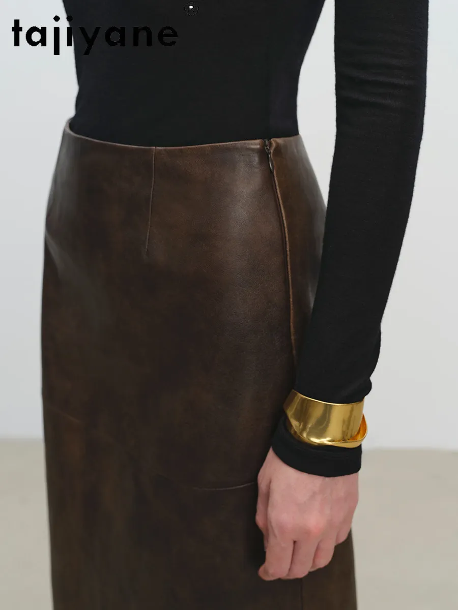 TAJIYANE 100% Genuine Sheepskin Leather Midi Skirt for Woman Vintage Back Slit A-line Skirts Spring Ladies Clothes 2026 миниюбка